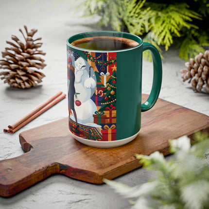 ☃️🎄 The Snowman's Christmas Companion Colorful Mug – Art Deco Holiday Fantasy