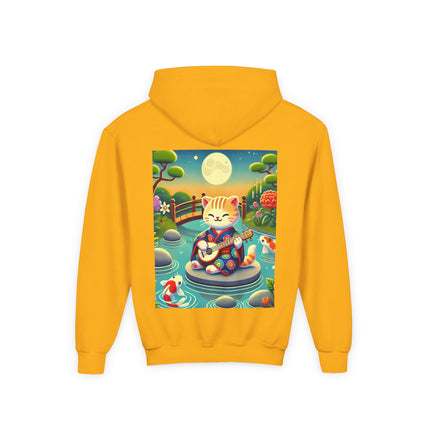 Melodic Kitten by the Koi Pond Youth Hooded Sweatshirt – Peaceful Harmony & Playful Music