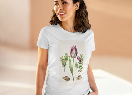 Tulip flower with Two Branches of Myrtle and Shells Cotton Tee