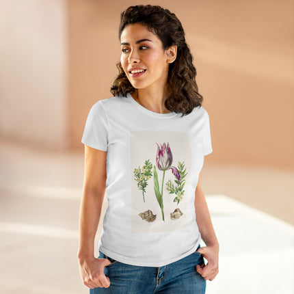 Tulip flower with Two Branches of Myrtle and Shells Cotton Tee