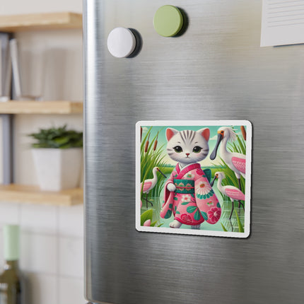 Geisha Kitten Strolls Among the Spoonbills Die-Cut Magnets (5 Sizes)