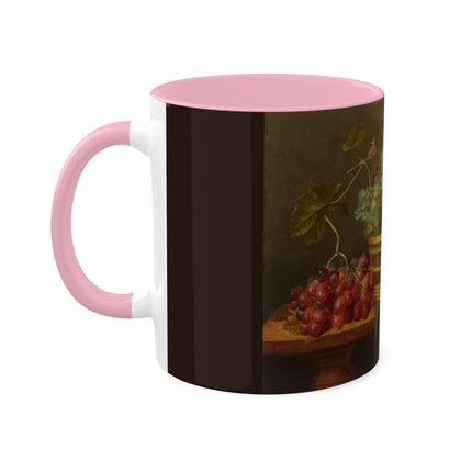 Basket of Grapes and a Pomegranate on a Table by Jacob van Hulsdonck Colorful Mugs, 11oz