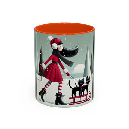 Red Sled & Curious Cats Colorful Mugs (11oz, 15oz)