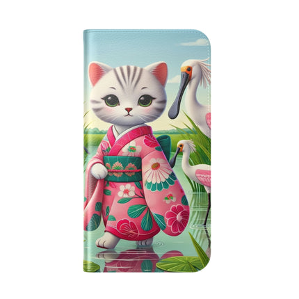 🦩🌸 Geisha Kitten Strolls Among the Spoonbills Flip Case – Serene Grace & Marshland Wonder