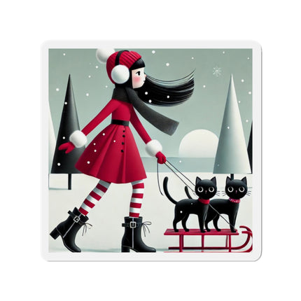 Red Sled & Curious Cats Die-Cut Magnets (5 Sizes)