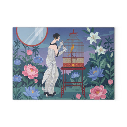 🐦🌸 The Lady Of The Golden Songbird Glass Cutting Board – Art Deco Floral Garden Elegance