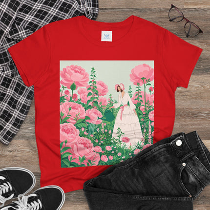 🌸💧 The Rose Garden Watering Cotton Tee – Art Deco Floral Whimsy