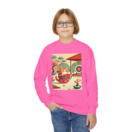 Archer Kitten in the Zen Garden Youth Crewneck Sweatshirt – Focus, Calm & Playful Precision
