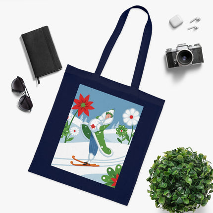 🎿🌺 The Winter Garden Skier Cotton Tote Bag – Colorful Winter Adventure