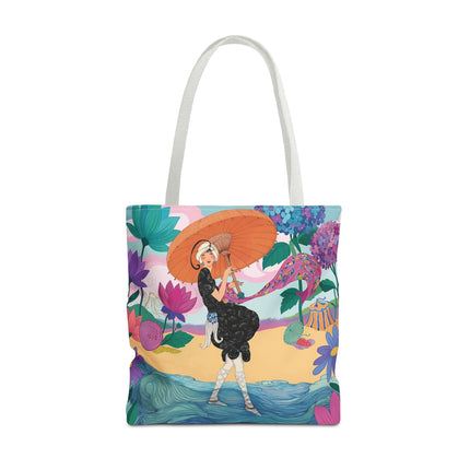 ☂️🌺 The Lady Of The Seaside Parasol Tote Bag – Art Deco Floral Fashion