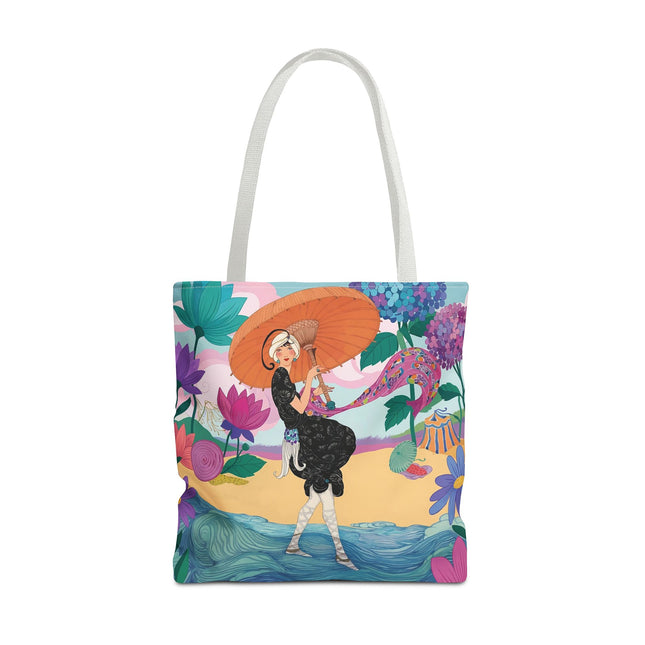 ☂️🌺 The Lady Of The Seaside Parasol Tote Bag – Art Deco Floral Fashion