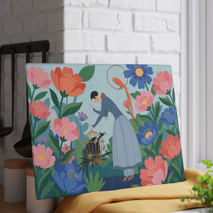 🌺🦜 The Lady Of The Enchanted Aviary Glass Cutting Board – Art Deco Floral Garden