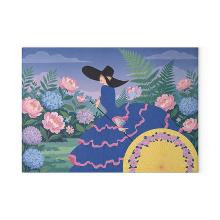 🌸🎩 The Lady Of The Hydrangea Promenade Glass Cutting Board – Art Deco Garden Elegance