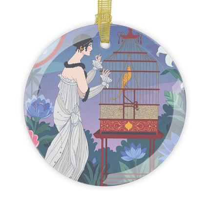 🐦🌸 Whispers to the Golden Songbird Glass Ornament – Art Deco Garden Elegance