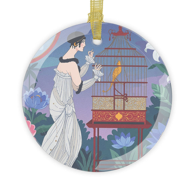 🐦🌸 Whispers to the Golden Songbird Glass Ornament – Art Deco Garden Elegance