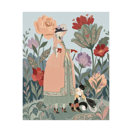 🌸🐈 The Lady And Puss In Boots Grand Floral Promenade Matte Vertical Poster – Art Deco Fashion Whimsy