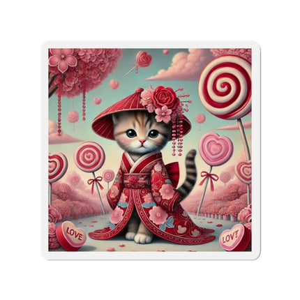 Whimsical Geisha Kitten in a Valentine Garden Die-Cut Magnets (5 Sizes)
