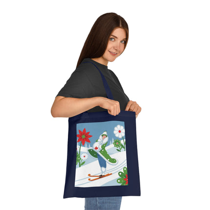 🎿🌺 The Winter Garden Skier Cotton Tote Bag – Colorful Winter Adventure