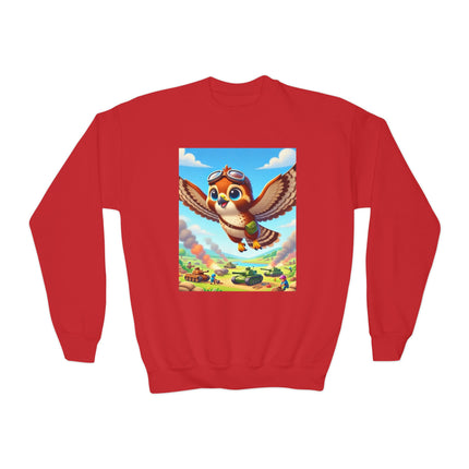 Red-Tailed Hawk in Battle Youth Crewneck Sweatshirt – Flight, Focus & Fearless Energy