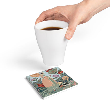 🌹🐩 The Garden Of Little Gentlemen Ceramic Coaster – Art Deco Floral Whimsy
