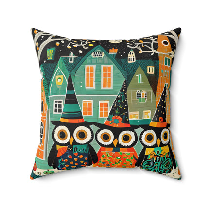 Night of the Trick-or-Treating Owlets Spun Polyester Square Pillow