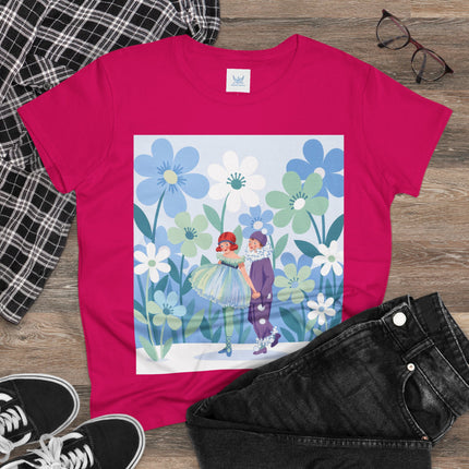 🌸🎭 The Little Dancers In The Flower Garden Cotton Tee – Art Deco Floral Whimsy