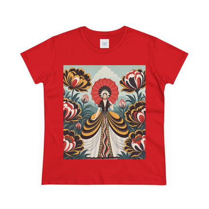 ❤️🌺 The Scarlet Parasol Garden Cotton Tee – Art Deco Floral Elegance