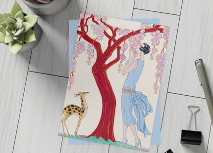 Woman, Fawn, and Red Tree by George Barbier Postcards (envelopes included) - Bundles of 10, 30, 50 Pieces