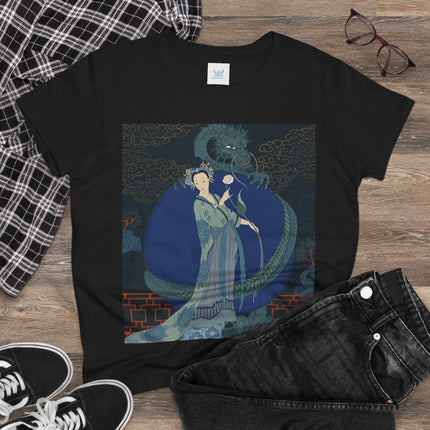 🐉🪷 The Lady Of The Lotus Dragon Cotton Tee – Art Deco Asian Fantasy