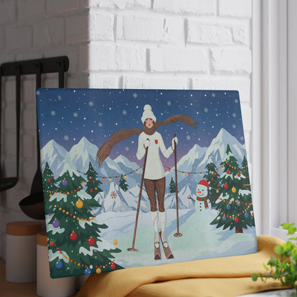 🎿🎄 The Christmas Mountain Skier Glass Cutting Board – Art Deco Winter Holiday Adventure