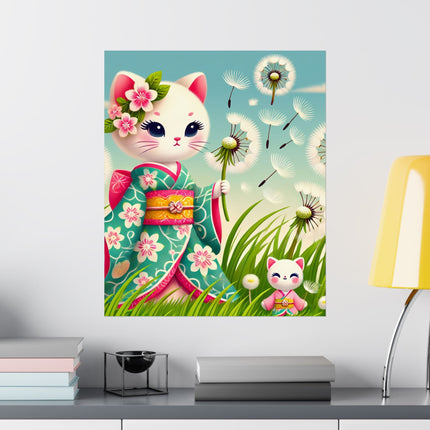 🌾🌼 Geisha Kitten and the Dandelion Wish Matte Vertical Poster – Gentle Wishes & Quiet Wonder