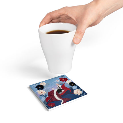🌹✨ The Scarlet Chaise Ceramic Coaster – Art Deco Floral Glamour