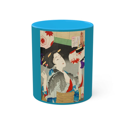 Looking Observant; The Appearance of a Kyoto Waitress of the Meiji Era by Tsukioka Yoshitoshi Colorful Mugs, 11oz