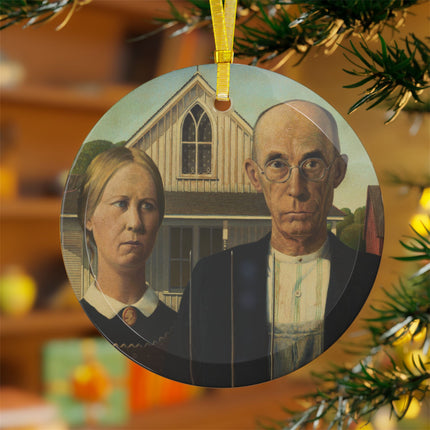 American Gothic by Grant Wood Glass Ornament