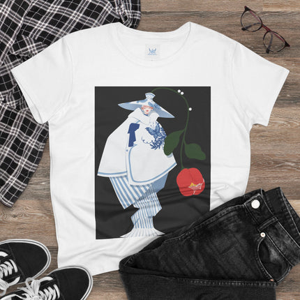 Blue & White Porcelain Geisha Women's Midweight Cotton Tee – Refined Elegance & Timeless Charm