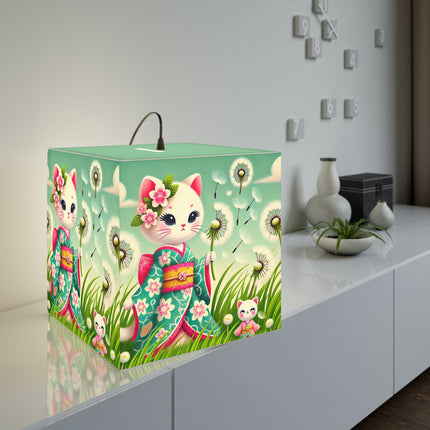 🌾🌼 Geisha Kitten and the Dandelion Wish Light Cube Lamp – Gentle Wishes & Quiet Wonder