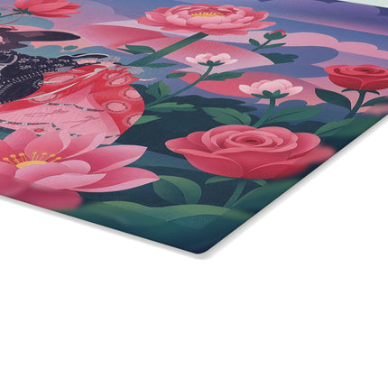 🌹🎭 The Rose Garden Masquerade Glass Cutting Board – Art Deco Floral Fantasy