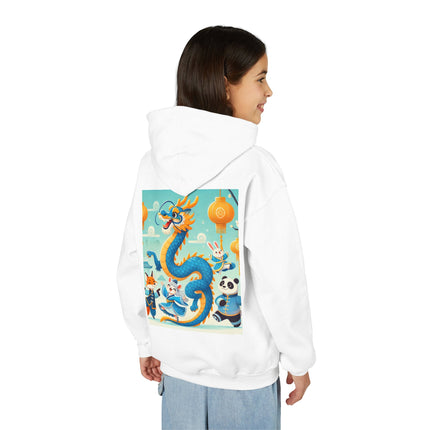 Blue & Gold Dragon Festival Parade Youth Hooded Sweatshirt – Joyful Celebration & Cultural Magic