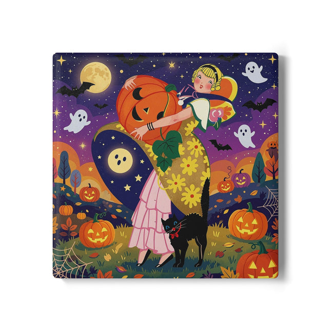 🎃🐈‍⬛ The Pumpkin Moon Embrace Ceramic Coaster – Whimsical Halloween Charm