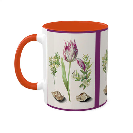Tulip, Branches of Myrtle and Shells by Maria Sibylla Merian Colorful Mugs, 11oz