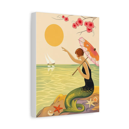 🧜‍♀️☂️ The Mermaid With The Parasol Matte Canvas – Art Deco Seaside Fantasy