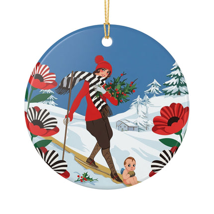 🎿🎄 The Christmas Holly Skier Ceramic Ornament – Whimsical Holiday Fantasy