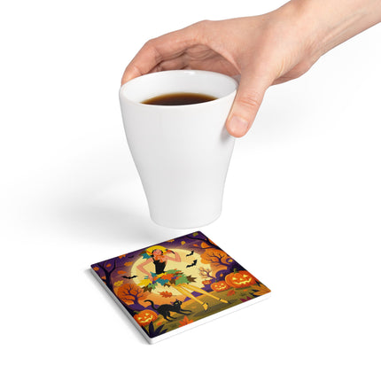 🌕🍂 Autumn Song Beneath The Harvest Moon Ceramic Coaster – Whimsical Halloween Charm