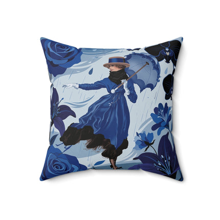 ☔💙 The Blue Rain Promenade Square Pillow – Art Deco Floral Fashion