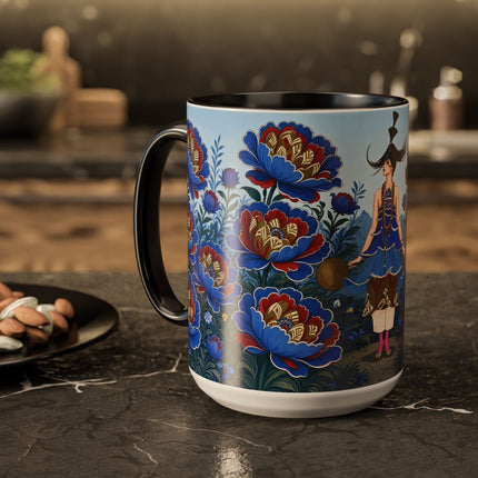 💙🌺 The Sapphire Blossom Garden Dancer Colorful Mug – Art Deco Fashion Fantasy