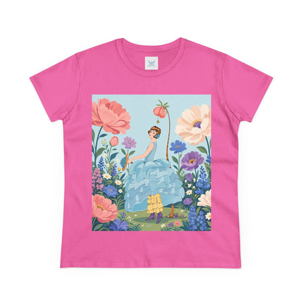 🌸🩵 The Blue Ruffle Garden Cotton Tee – Art Deco Floral Whimsy