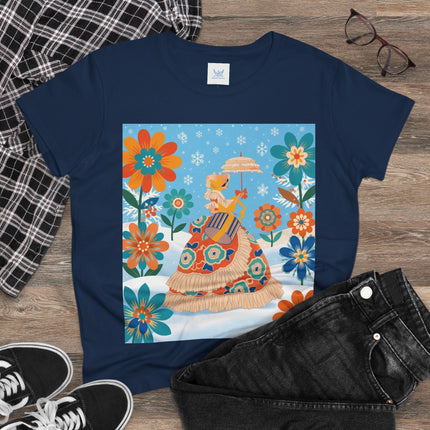 🌼❄️ The Winter Parasol Lady Cotton Tee – Art Deco Floral Fantasy