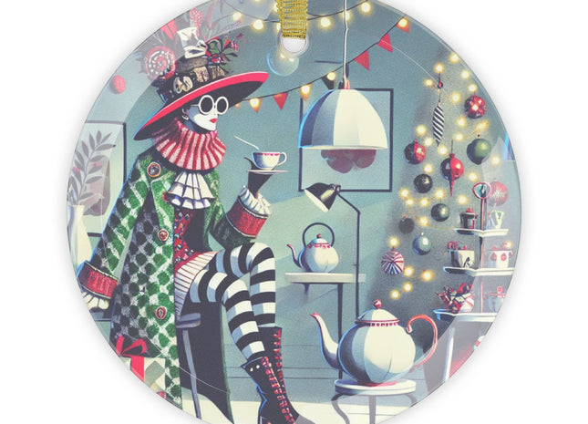 Whimsical Christmas Tea Party Glass Ornament