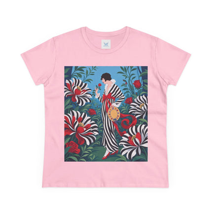 ❤️🌹 The Scarlet Striped Garden Cotton Tee – Art Deco Fashion Illustration