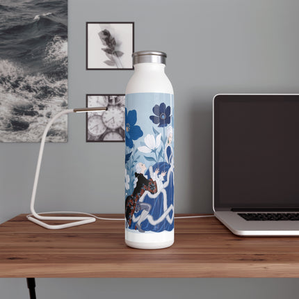 💙🌸 The Lady Of The Blue Flower Garden Slim Water Bottle – Art Deco Floral Romance